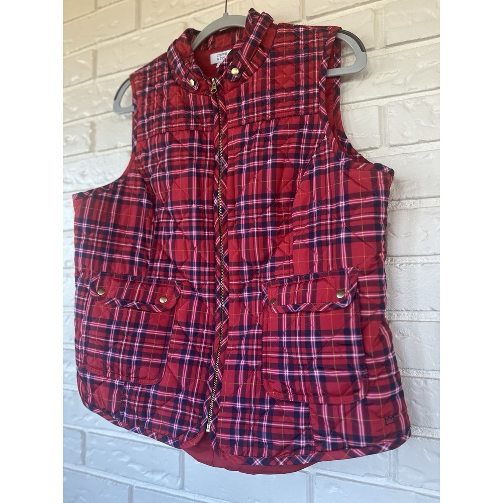 Crown And Ivy XL Quilted Red Plaid Vest Cozy Cabin Core Winter Staple - Picture 6 of 12
